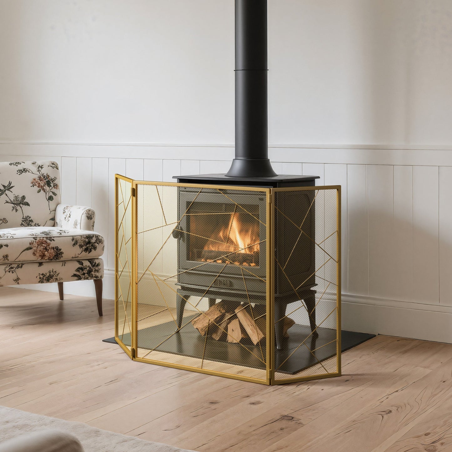 Triple-Fold Iron Fireplace Screen Gold Frame – 132x1x80cm