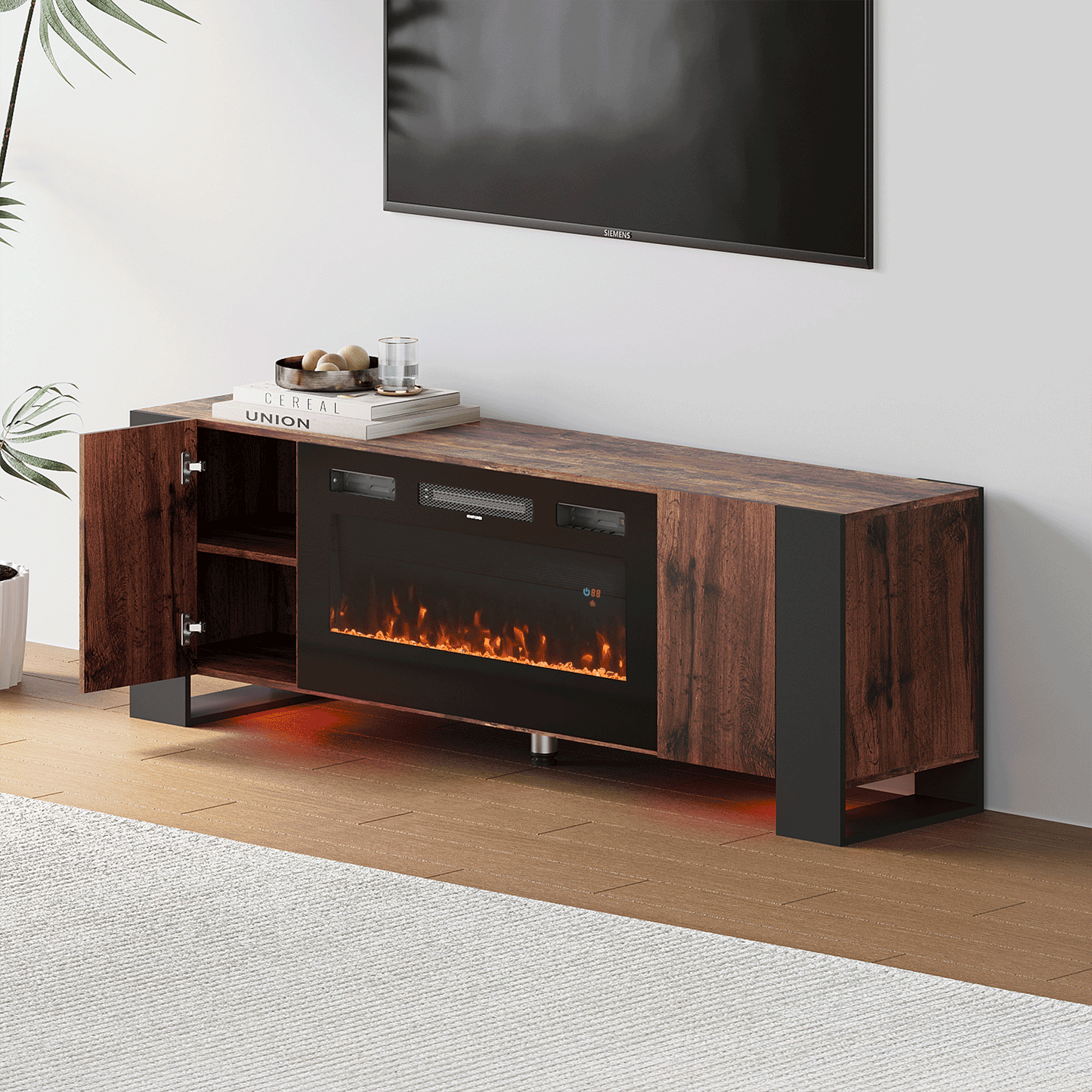 Modern Wooden TV Unit with Fireplace Electric and Storage