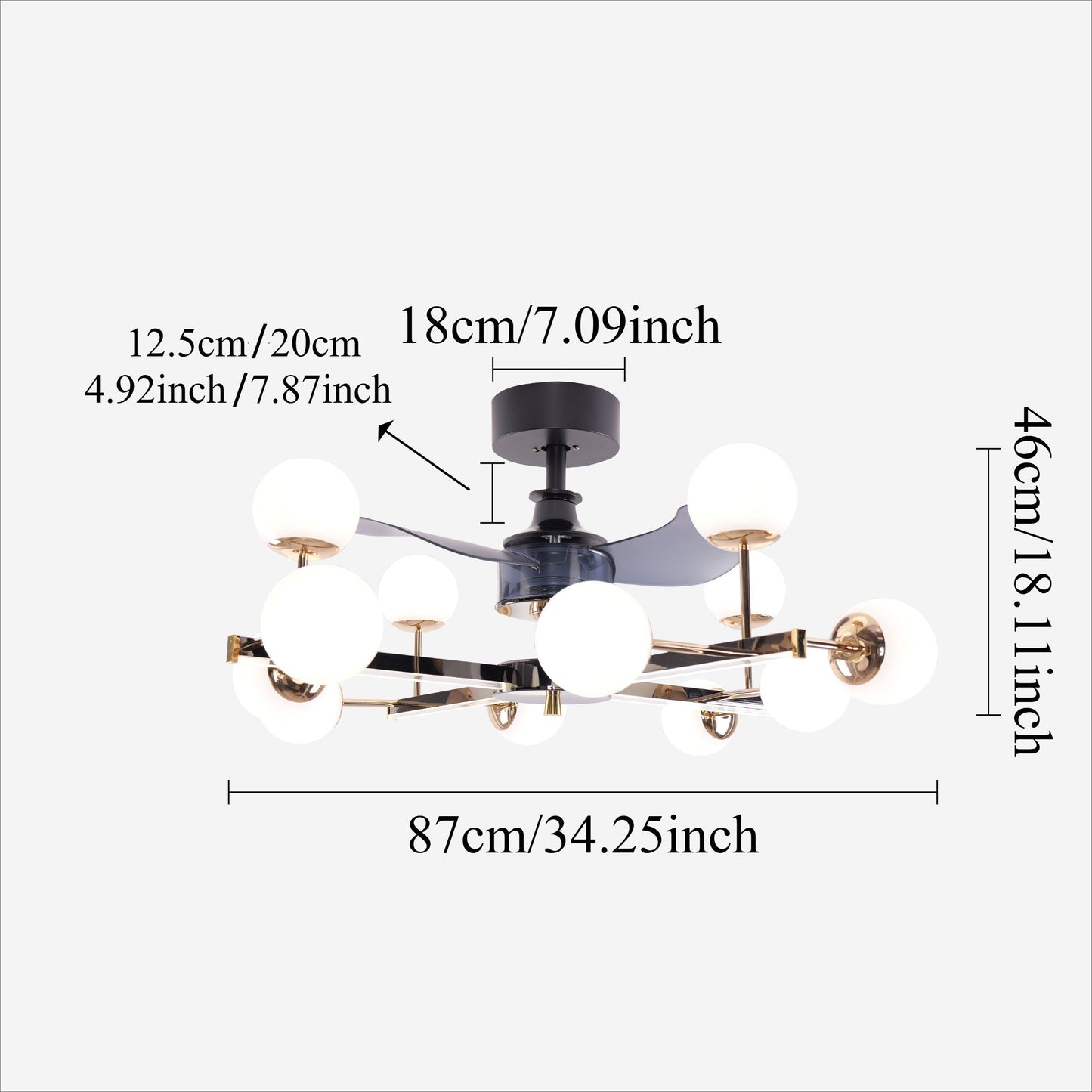 Modern Sphere 3-Blade Fan Light with Black & Gold Finish