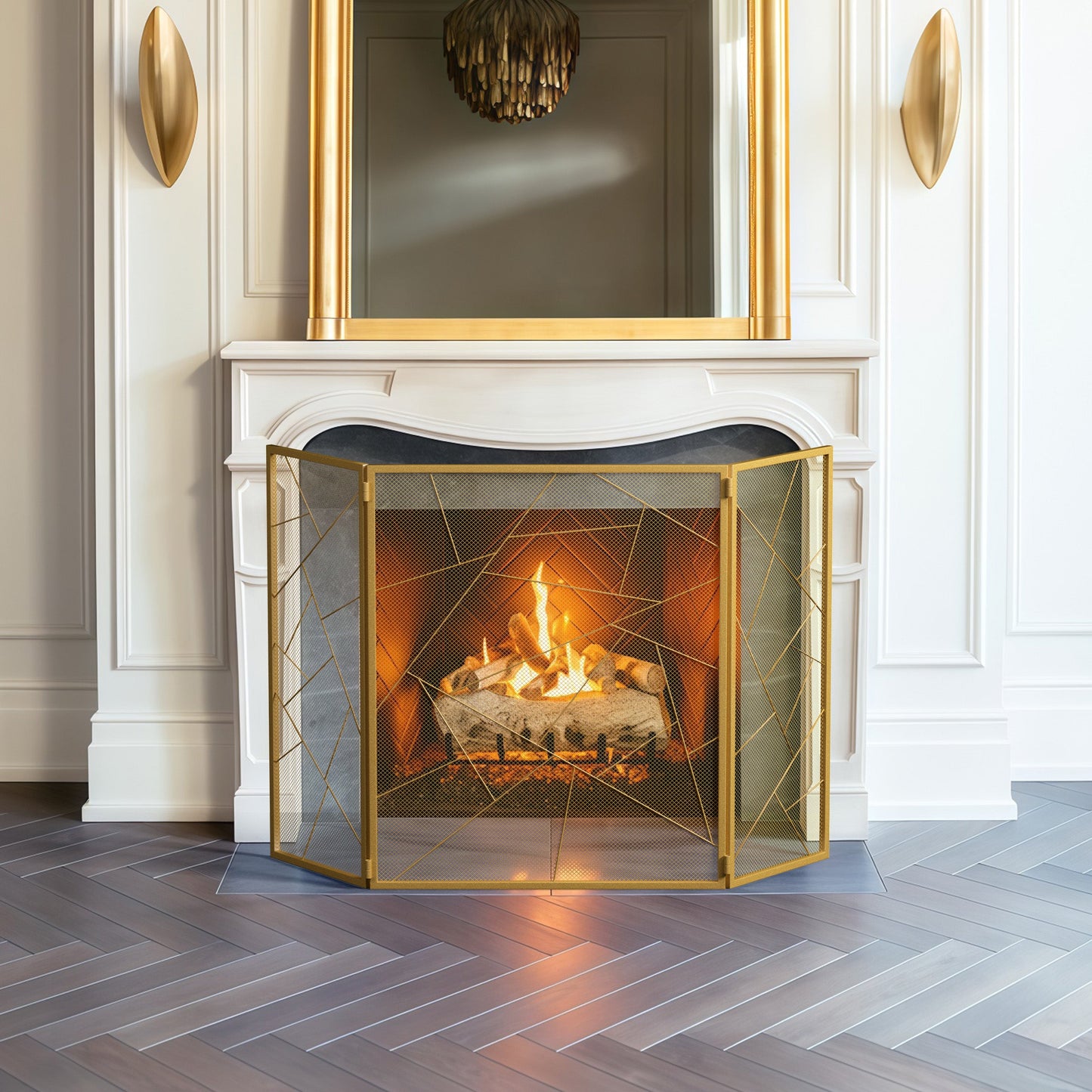 Triple-Fold Iron Fireplace Screen Gold Frame – 132x1x80cm