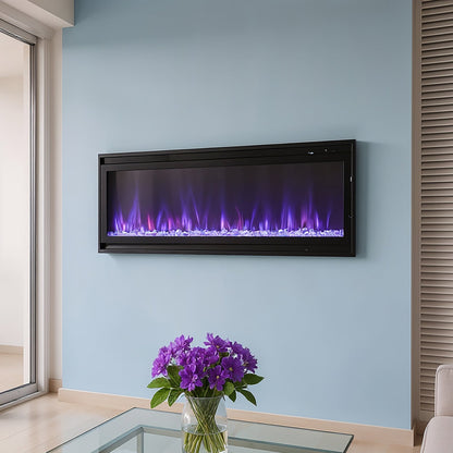 40/50/60inch Black Wall Mounted & Recessed Electric Fireplace with Adjustable Flame & Brightness