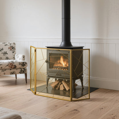Triple-Fold Iron Fireplace Screen Gold Frame – 132x1x80cm