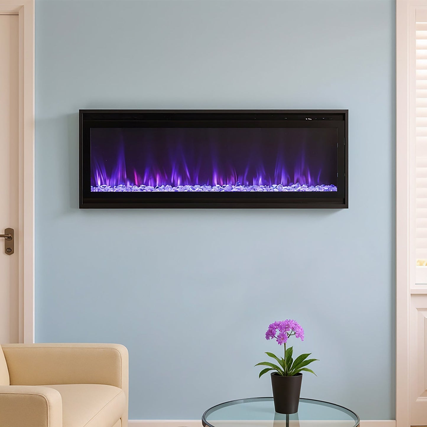 40/50/60inch Black Wall Mounted & Recessed Electric Fireplace with Adjustable Flame & Brightness
