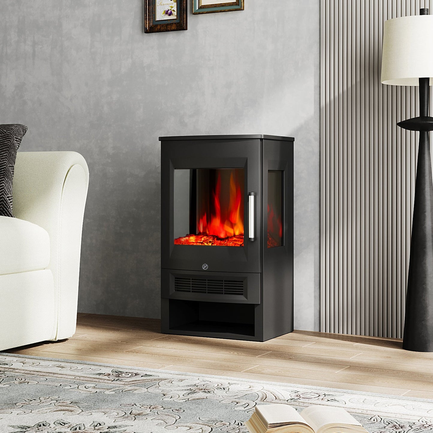 3-Sided Freestanding Electric Fireplace with Remote Control – Black, 900/1800W, Adjustable LED Flame & Temperature