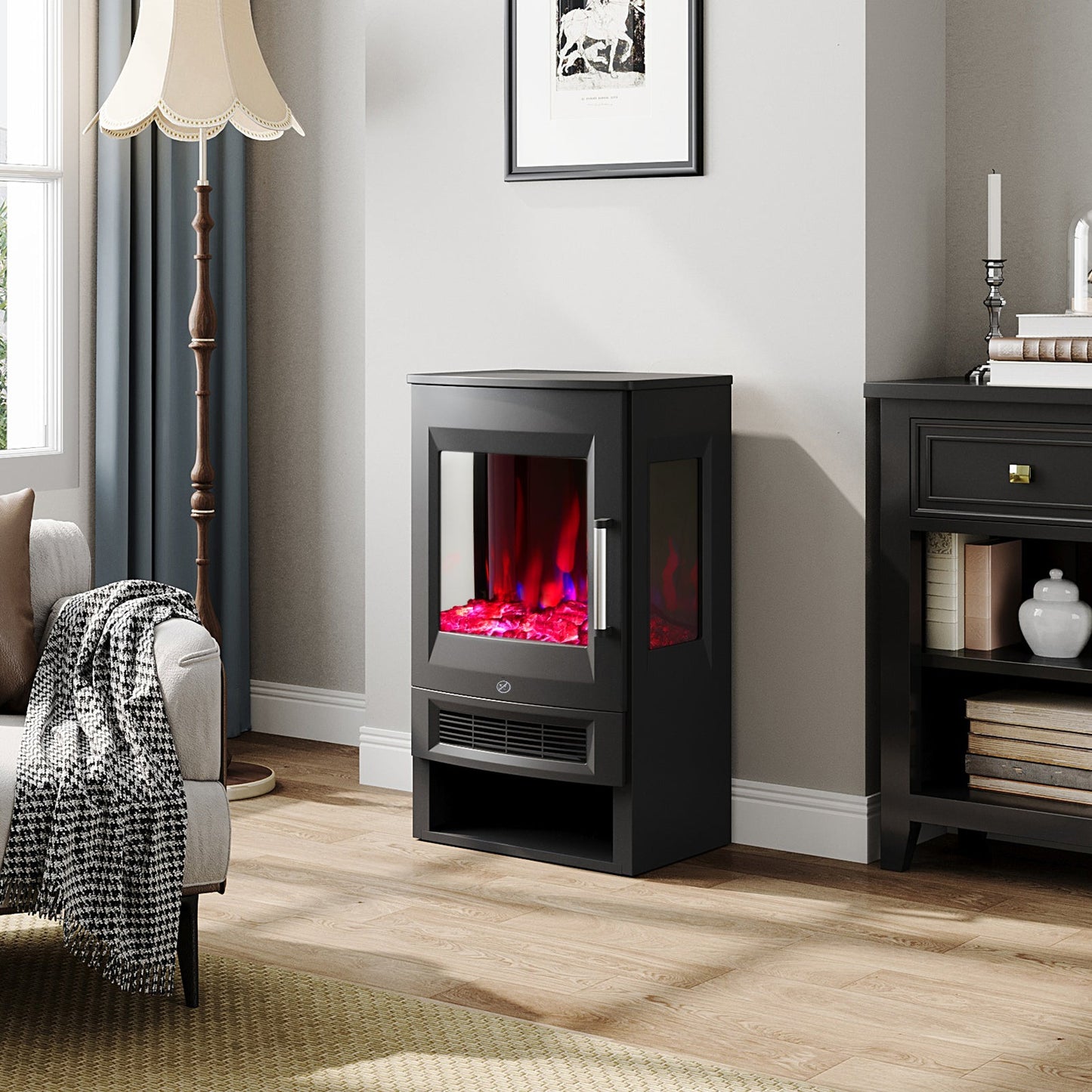 3-Sided Freestanding Electric Fireplace with Remote Control – Black, 900/1800W, Adjustable LED Flame & Temperature