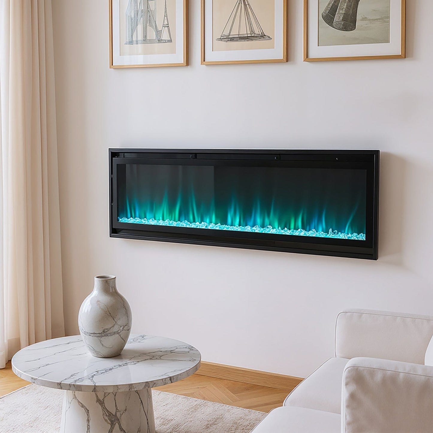 40/50/60inch Black Wall Mounted & Recessed Electric Fireplace with Adjustable Flame & Brightness