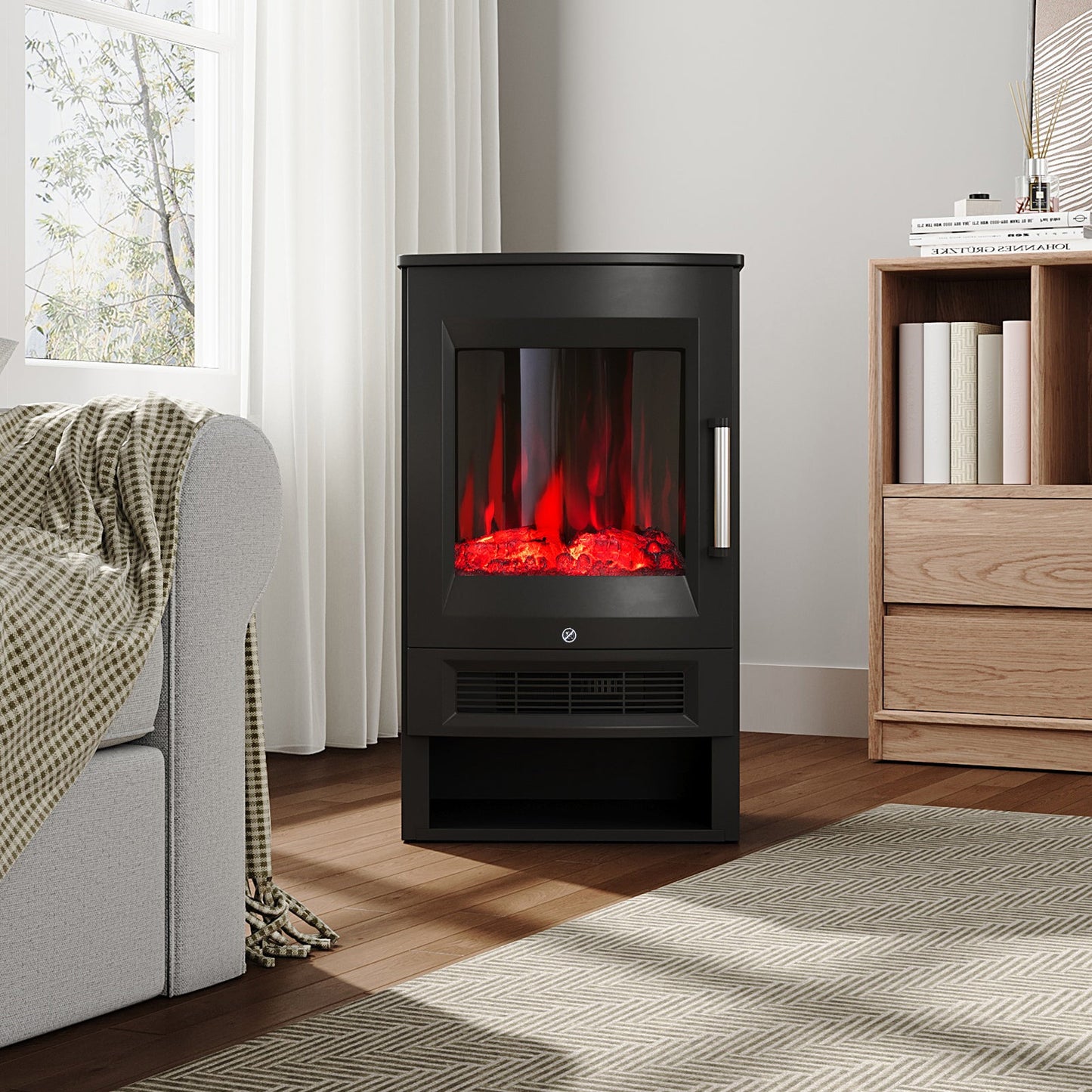 3-Sided Freestanding Electric Fireplace with Remote Control – Black, 900/1800W, Adjustable LED Flame & Temperature